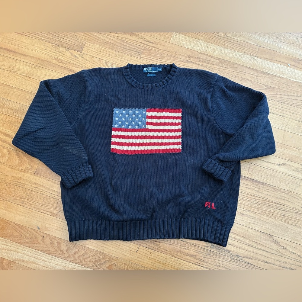 vintage POLO Ralph Lauren blue USA American Flag knit Cotton Sweater XXL